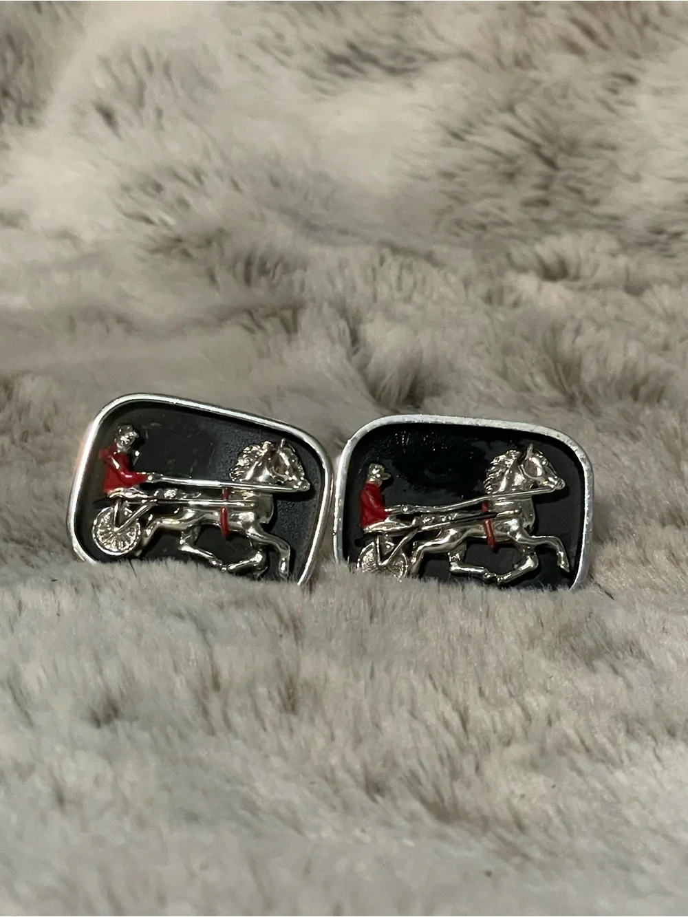 SWANK Silver-Tone Equestrian Cufflinks with Black and Red Accents